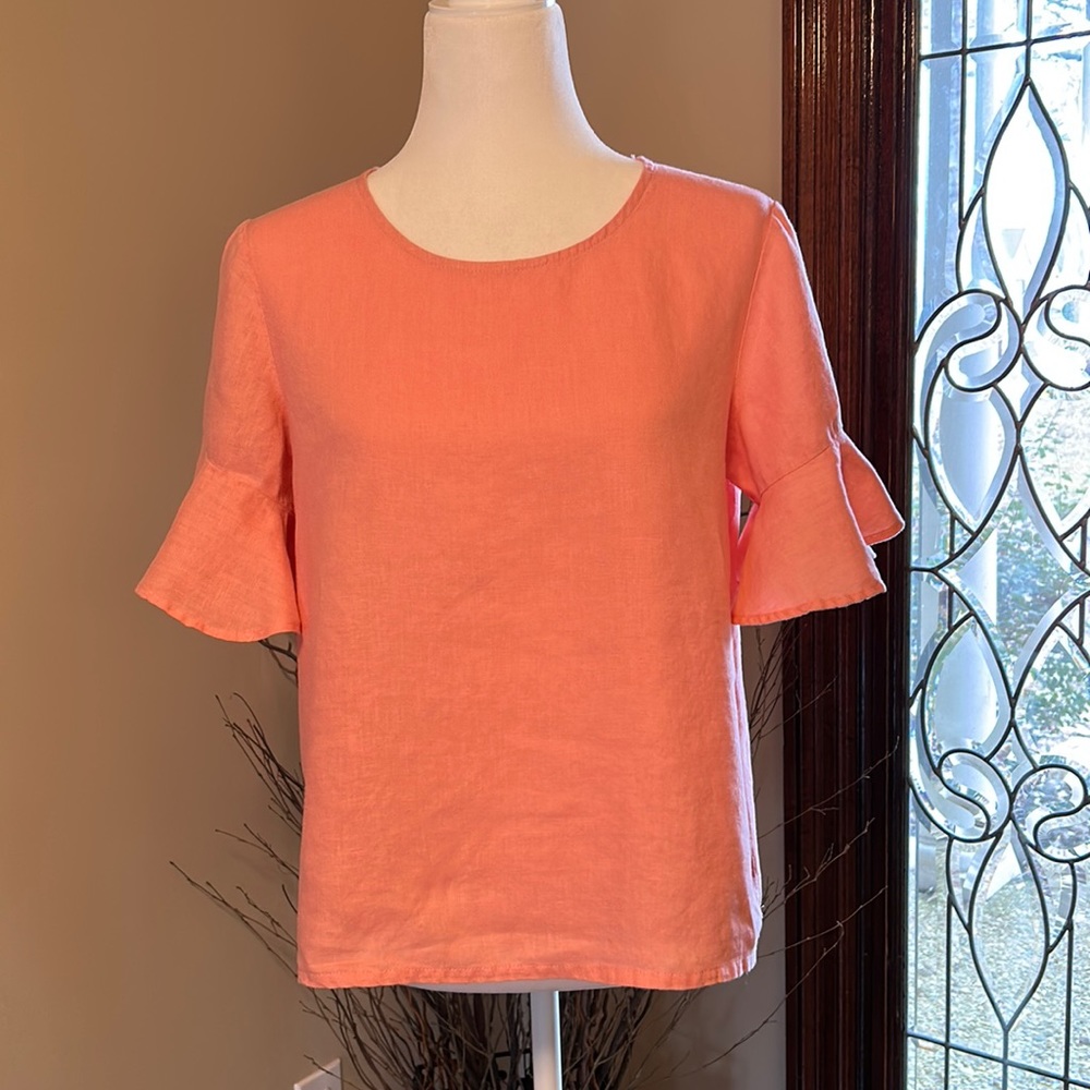 For Cynthia 100% linen peach ruffle sleeve top szS